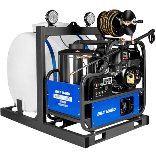 BILT HARD 4000PSI 4GPM Hot Water Presure Washer, B&S 420cc 13.5 HP E-Start Gas Powered Washer with Hose Reel, Skid Mounted with 175 Gal Tank