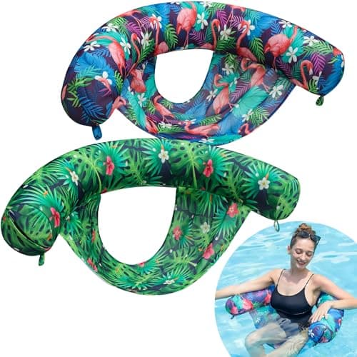 FindUWill Inflatable Pool Floats Chair - 2 Pack Water Floating Pool Chair Adult, Soft Fabric Covered Pool Lounger Float with Sling, Pool Noodles for Adult (Flamingo & Green)