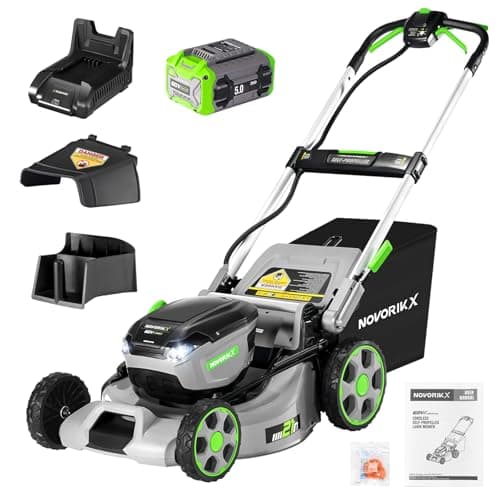 NovorikX 60V Self-Propelled Lawn Mower 21-Inch, Brushless Cordless Mower for Large Yards, Electric with LED Headlight, 5.0Ah Battery & Rapid Charger