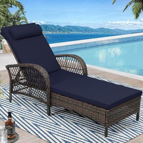 WINGTU Outdoor Chaise Lounge Chair, PE Wicker Long Recliner Patio Lounge Chair with Cushion, 6-Position Patio Reclining Sun Lounger with Adjustable Backrest for Poolside, Armrest & Pillow, Navy Blue