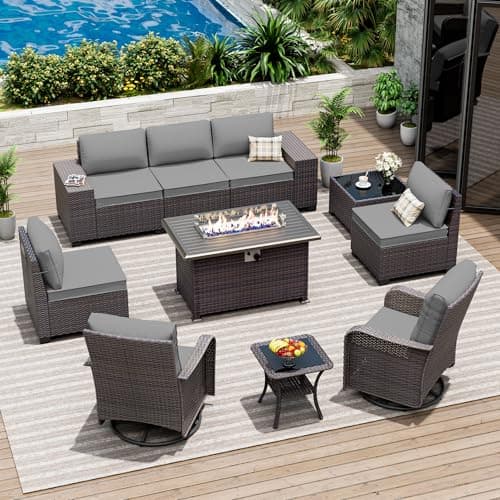 ASJMR 10 Pieces Patio Furniture Set with 2 Swivel Chairs Patio Furniture Outdoor Sectional Sofas with 55000 Gas Fire Pit Patio Conversation Set w/7 Cushions-Gary