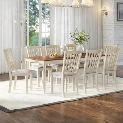 AMERLIFE 9-Piece Farmhouse Solid Wood Dining Table Set with 8 Upholstered Chairs, Roman Conical Legs, Seats up to 8, 79'' Dining Table & Chairs Set for Kitchen and Dining Room, Rustic Cream