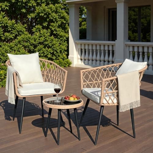 3 -Piece Outdoor Patio Furniture Set, All-Weather PE Rattan Conversation Set for Apartment Balcony/Small Backyard, Waterproof Cushions & Powder-Coated Steel Frame, Modern Beige (2 Chairs + Table)