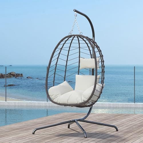 LEX CRAFT Hanging Egg Chair with Stand, Swinging Egg Chair Outdoor Indoor, Hanging Basket Chair with Cushion, Patio Wicker Hammock Chair 350lbs Capacity for Porch, Balcony, Backyard, Garden (Beige)