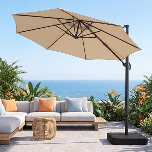 OLILAWN 10ft Patio Umbrella with Base Included, Large Cantilever Offset Outdoor Umbrella with 360°Rotation & Infinite Tilt, Heavy-Duty Frame for Deck, Pool, Backyard, Garden, Champagne