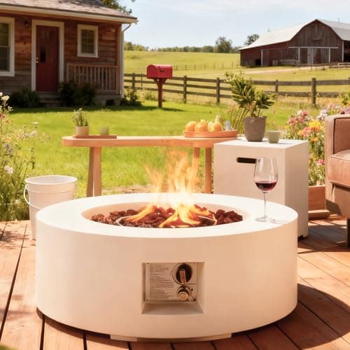 ECOTOUGE 2-Piece Gas Fire Pit, Outdoor Propane Fire Pit Table Set w/Tank Cover, 30''Auto-Ignition Round Steel Fire Table, 50,000 BTU Concrete Fire Pit w/Weather-Resistant Pit Cover, Lava Rocks, White