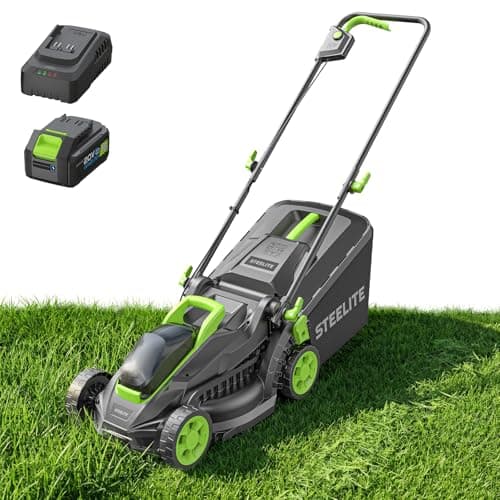 STEELITE 21V 13-Inch Brushless Electric Lawn Mower, Cordless Push Mower with 4.0Ah Battery & Charger, 5-Level Height Adjustment, Mulching/Bagging, for Small Yard