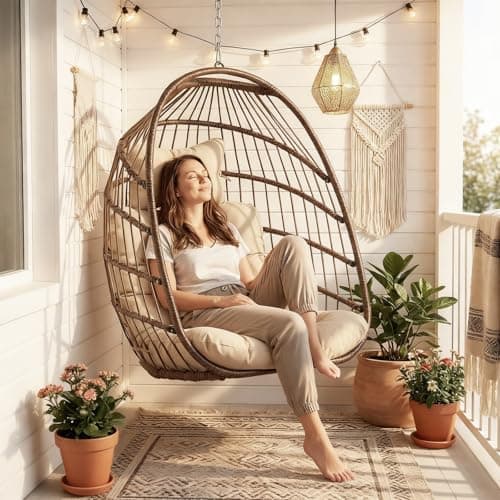 NICESOUL Egg Chair Without Stand Outdoor Indoor, Patio Wicker Swing Hanging Egg Basket Chairs No Stand, All Weather 350lbs Capacity Tree/Ceiling Chair for Outside Balcony Bedroom Xmas Gift, Brown