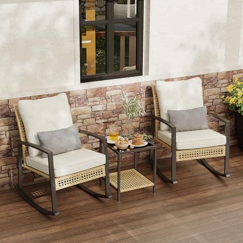 Rotihom 3 Piece Patio Rocking Chairs Set of 2, Outdoor Rocking Chair Bistro Set with Tempered Glass Coffee Table and Thick Lumbar Pillow Set, Front Porch Chairs for Garden, Backyard, Poolside (Beige)