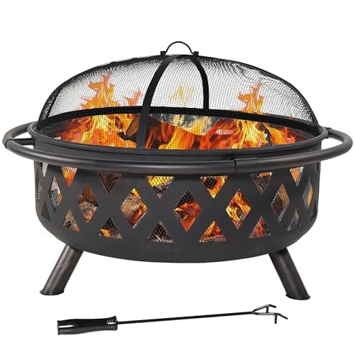 Sunnydaze Crossweave Outdoor Fire Pit - Wood-Burning Fire Pit for Outside with Spark Screen, Poker and Round Cover - 36-Inch - Black