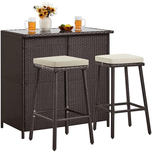 Yaheetech 3pcs Outdoor Bar Set, Patio Wicker Bar Furniture with 2 Storage Shelves, Glass Top Table, Cushions and Two Stools, Brown/Khaki