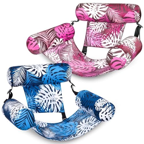SLOOSH Inflatable Pool Floats Adult,2 Packs Floating Lounge Chairs,Blow up Pool Noodles for Adult Heavy Duty,Floating Chair for Party Summer Water Beach Lake Fun,Tropical Leaves-Pink,Blue