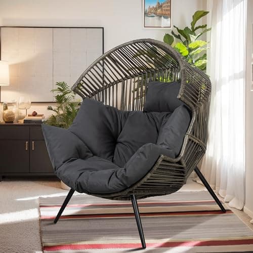 Vongrasig Outdoor Wicker Egg Chair PE Rattan Chair with Cushion, Oversized Patio Lounge Chair for Outdoor, Indoor, Balcony, Backyard, Garden, Black/Rattan