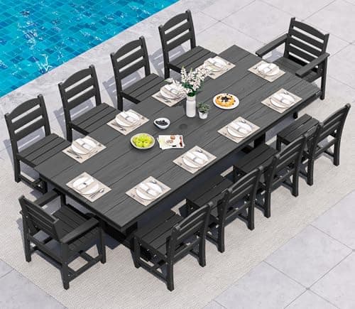SERWALL 11 Piece Outdoor Dining Set, 84" HDPE Outdoor Table and Chairs for 10,All Weather Patio Furniture Set with Umbrella Hole for Backyard, Garden, Black