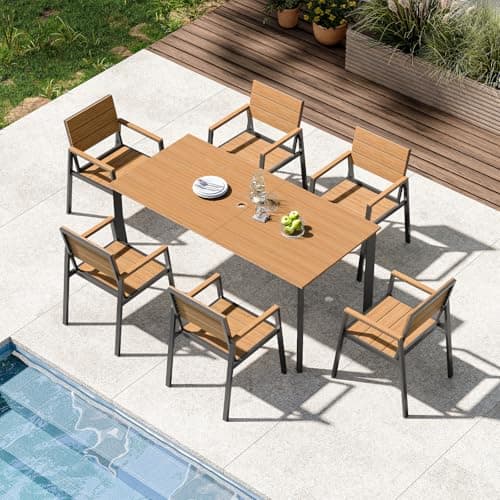 ComfCove Outdoor Dining Set for 6, Aluminum Patio 7 Piece HDPS Luxury Outdoor Table and Chairs Set with Umbrella Hole, Modren Patio Furniture Set, All-Weather Patio Dining Set for 6, (Gray & Teak)