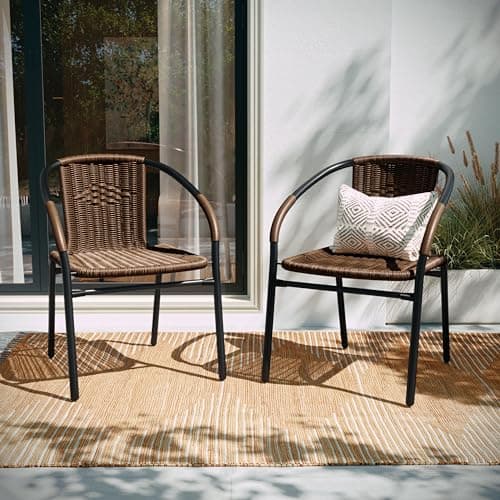EMMA + OLIVER Set of 2 Modern Rattan Indoor/Outdoor Stack Chairs, Stacking Rattan Patio Chairs with Cross Bracing, Brown