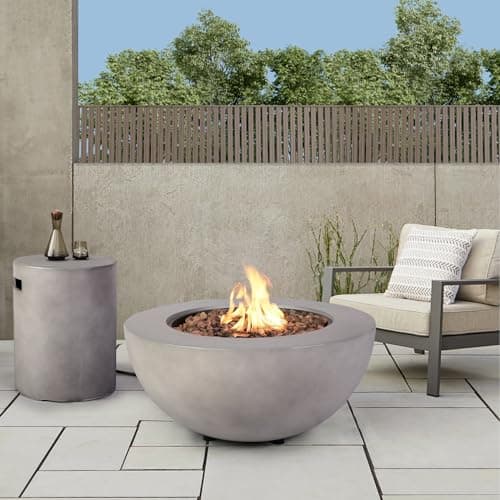 ReeQuo 2-Piece Outdoor Propane Fire Pit Table Set w/Tank Cover Table, 31.5-inch 50,000 BTU Bowl Concrete Firepit SUS201 Round Burner with Steel Lid, Lava Rocks, Rain Cover…