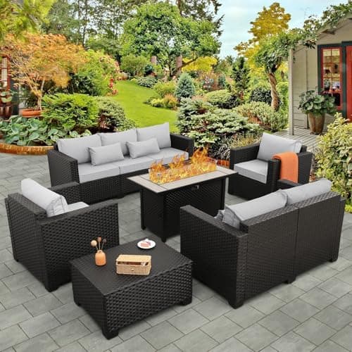 Rattaner 6 Pcs Outdoor Furniture Sets Patio Furniture Set with 45" Fire Pit Patio Couch Outdoor Chairs 60000 BTU Steel Propane Fire Pit Table No-Slip Cushions and Waterproof Covers, Light Grey
