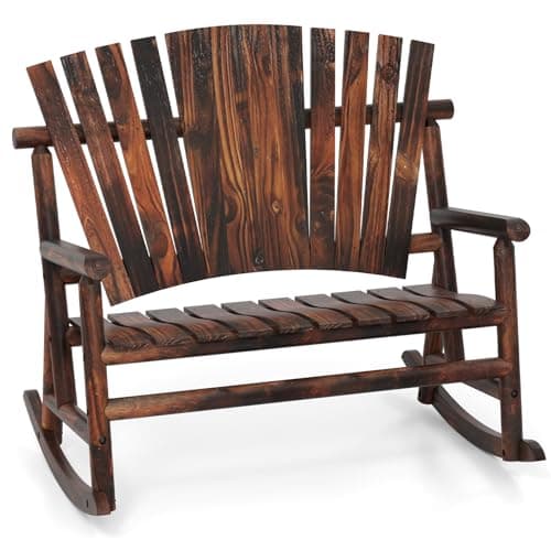Tangkula 2-Person Wood Outdoor Rocking Chair, Outside Adirondack Rocker with High Back and Slatted Seat, Oversized Porch Rocking Chair for Balcony, Garden, Backyard, Patio
