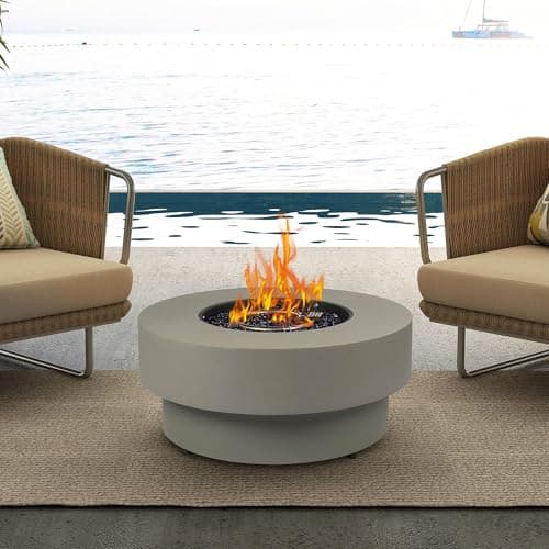 Propane Outdoor Fire Pit Table, Flint & Concrete Look 32-inch Round Patio Propane Fire Table 50,000 BTU w/Lid, Glass Rocks, Cover, Pre-Attached 10ft Hose