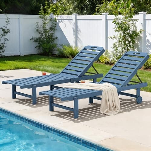 SERWALL Outdoor Chaise Lounge Set of 2, All-Weather HDPE Pool Lounge Chairs with 5-Position Adjustable Reclining Backrest, Rolling Wheels & Cup Holder for Poolside, Blue