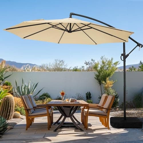 wikiwiki 10ft Patio Umbrella with Base Included, Outdoor Offset Cantilever Umbrella with Sandbag Base for Backyard, Garden and Pool, Easy to Tilt and Crank, Beige