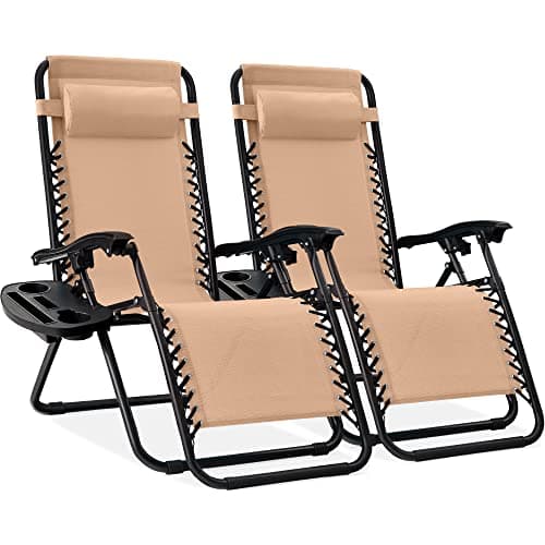 Best Choice Products Set of 2 Adjustable Steel Mesh Zero Gravity Lounge Chair Recliners w/Pillows and Cup Holder Trays - Beige