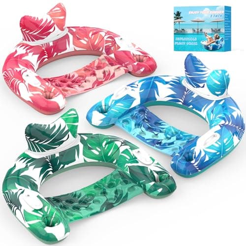KEUCL Pool Floats, 3 Pack Inflatable Pool Float Chairs with Cupholders & Handles, Pool Floats Adult & Kids Perfect for Pool Lake & Rivers, Pool Toys Party, Relaxing Inflatable Chair for Swimming Pool