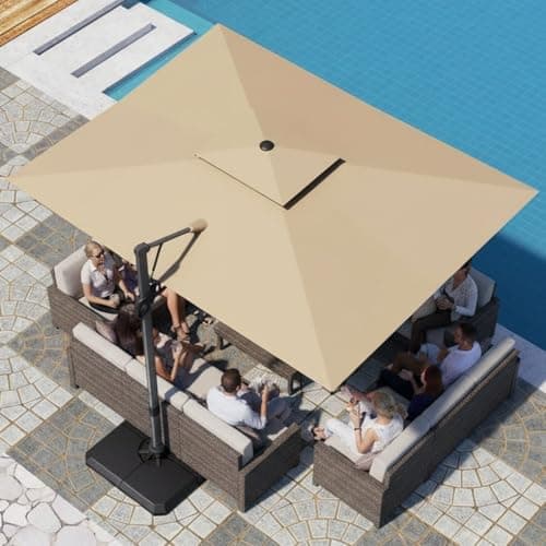PHI VILLA 9’ x 12’ Cantilever Patio Umbrella with Base, Outdoor Rectangular Heavy Duty Large Umbrella with Hydraulic Lift and 360° Rotation, Beige