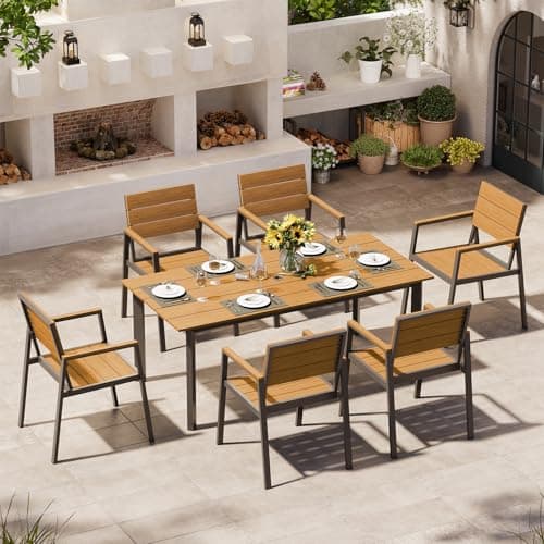 Oasbira Aluminum Outdoor Dining Set for 6, Patio Table and Chairs Set with Umbrella Hole, 7 Piece HDPS Outdoor Furniture Set for Patio, Garden (Gray & Teak)