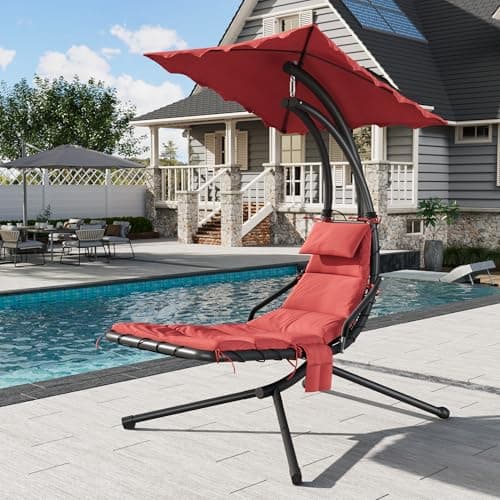LuyFuitre Hanging Chaise Lounge Swing Chair, Hanging Curved Chaise Lounge Chair Umbrella, Curved Steel Hammock Lounger Chairs for Outdoor Indoor Patio Pool Garden Backyard Porch