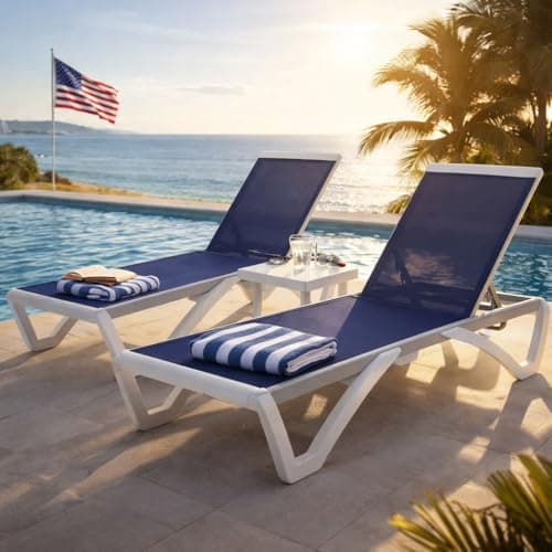 Kozyard Outdoor Chaise Lounge Chair, Full Flat Adjustable Patio Lounger with Aluminum Frame & Resin Legs, Textilene Fabric for Poolside, Backyard & Beach (NavyBlue, 2Chairs with Table)