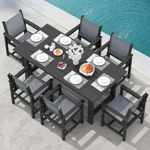 SERWALL Patio Dining Sets for 6, Outdoor HDPE Dining Set with Umbrella Hole Cut-Out Table and 6 Woven Chairs, Black