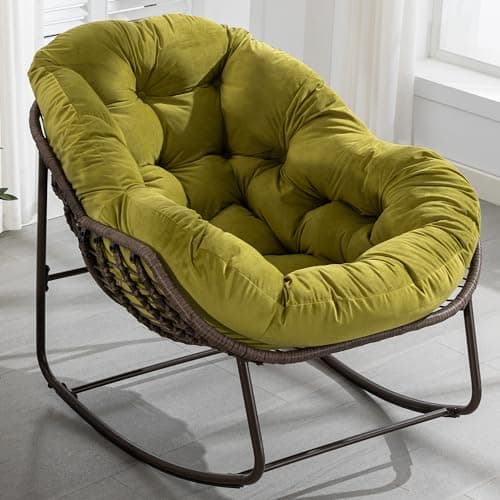 Villeston Oversized Papasan Rocking Chair - Outdoor Luxury Comfy Patio Chair Indoor Egg Royal Rattan Rocking Chair with Cushion for Front Porch Lounge Lawn Bedroom Living Room (Green Velvet)