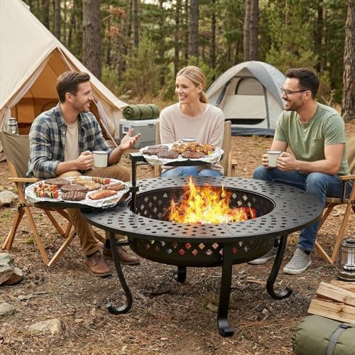 Outdoor Fire Pit, 43" Fire Pit for Outside Wood Burning with Adjustable 2 Grills, Outdoor Fireplace with Lid and Fire Poker, BBQ, Bonfire, Round Firepit 3 in 1 for Patio, Backyard, Garden, Black