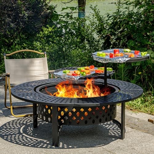 OutVue 47 Inch Fire Pit with 2 Grills, Wood Burning Fire Pits for Outside with Lid & Poker, BBQ& Outdoor Firepit & Round Metal Table 3 in 1 for Patio, Picnic, Party