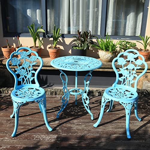 KAILI Outdoor Furniture Bistro Set with Rose Pattern 1 Table 2 Chairs for Garden Patio Porch (Rose-Light Blue)