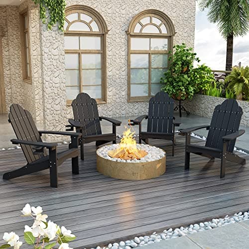 LUE BONA HDPS Adirondack Chairs Set of 4, Long-Lasting All-Season Outdoor Patio Chairs, Hidden Cup Holder, 350 LBS, Black