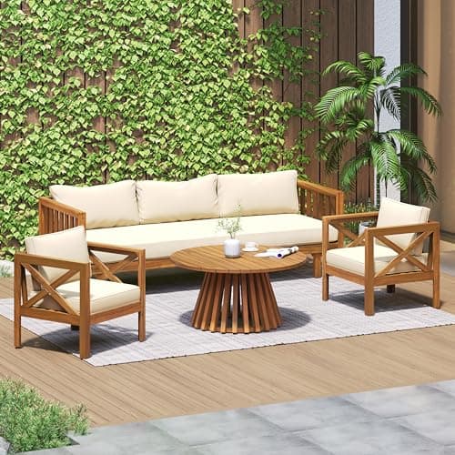 Merax Outdoor 4-Piece Acacia Wood Conversation Set - Patio 3-Seat Loveseat Sofa w/Coushion, 2 Armchair and Round Coffee Table for Backyard, Lawn, Balcony, Teak + Beige