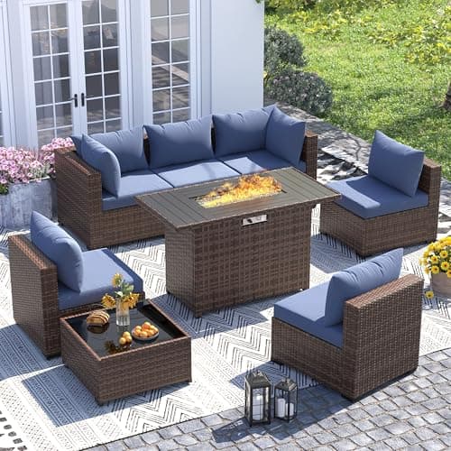 UDPATIO Furniture Set with Fire Pit Table, 8 Piece Sectional Sofas, All-Weather Wicker Conversation for Garden, Backyard, Navy Blue